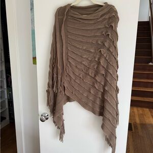 Boho Ruffle Knit Poncho Wrap with Fringe - Coastal Neutral - OS